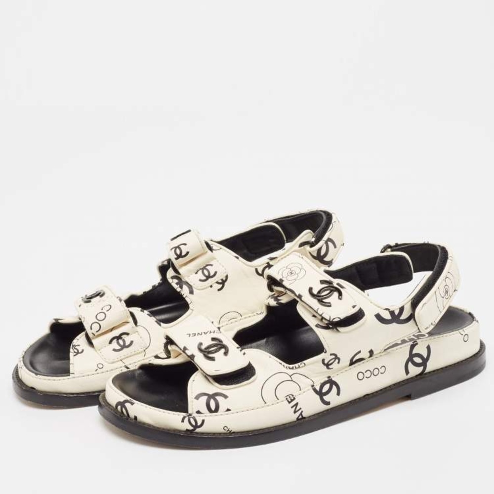Chanel Cream/Black CC Leather Dad Sandals 39.5
